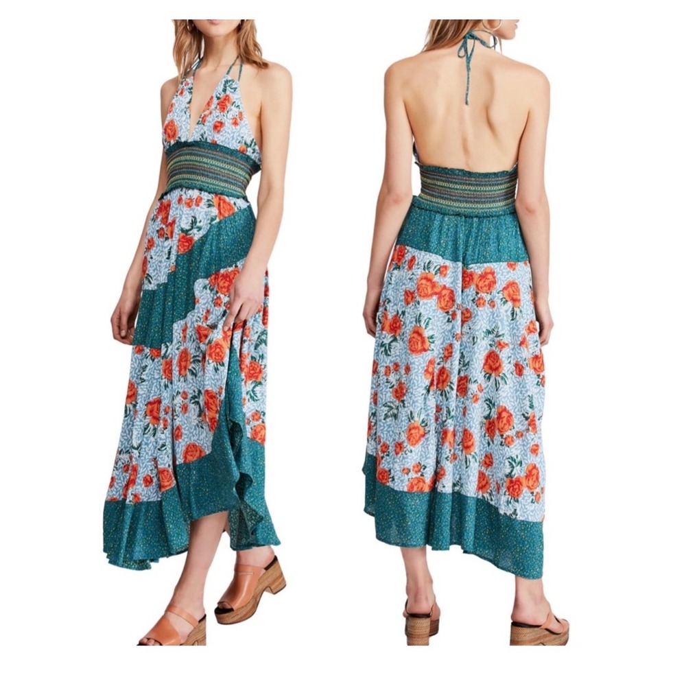 Free People Halter Maxi Dress Womens S Asymmetrical Floral Smocked Boho Resort